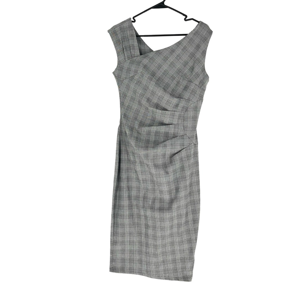 Women's Small Gray Plaid Ruched Sheath Midi Dress Sleeveless Dark Academia